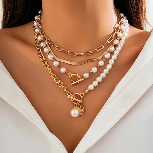 Vintage Pearl &amp; Gold Snake Chain Necklace Set
